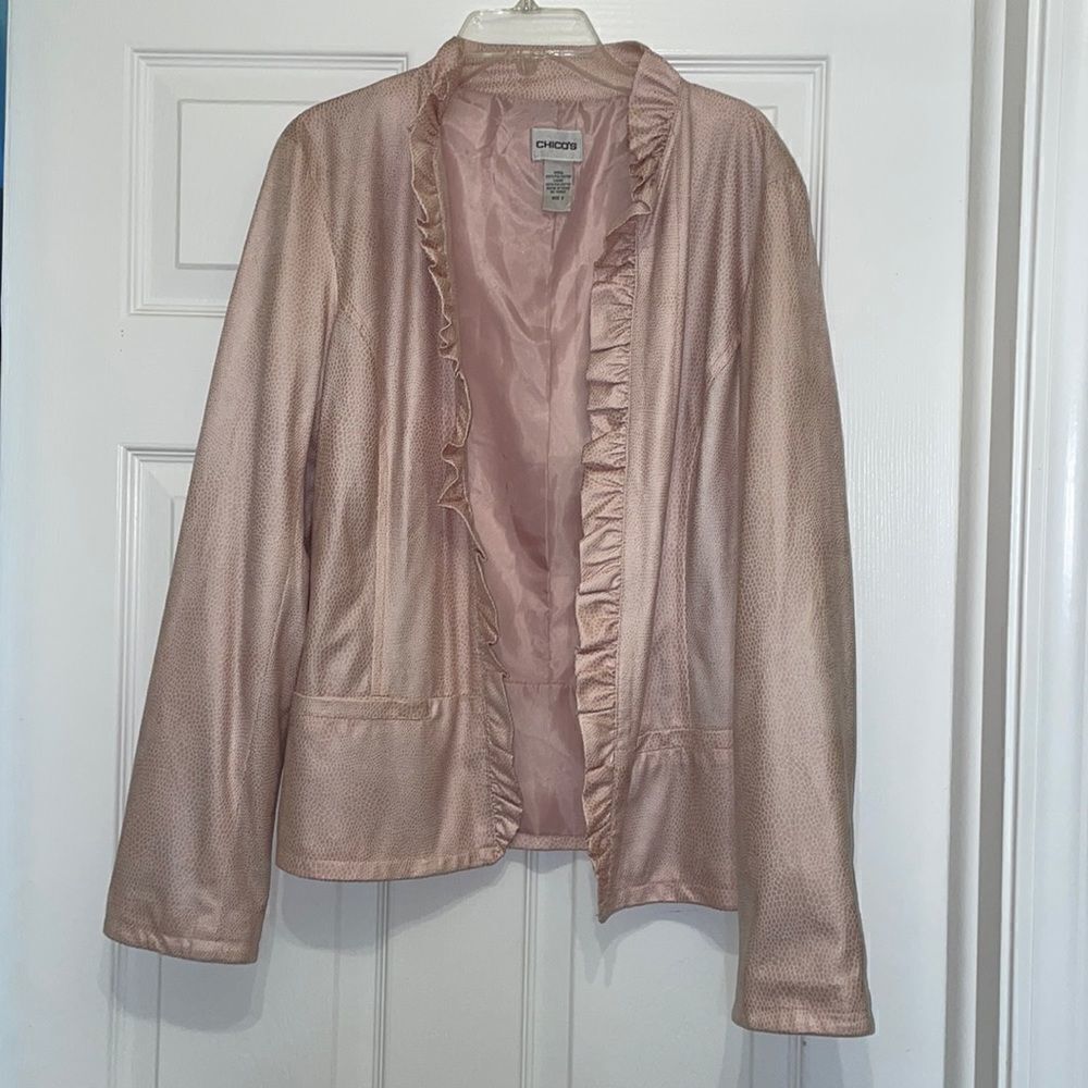 Chico’s light pink Ruffle Front Snakeskin Open Front Jacket